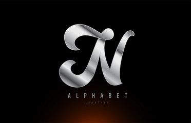 Silver grey metallic letter N logo design