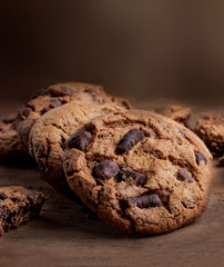 Chocolate chip  cookies on wooden Background, copyspace, top view