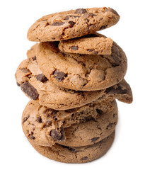 Stack of Chocolate chip cookies with chocolate chunks  isolated on white background.  Close up. Junk food concept