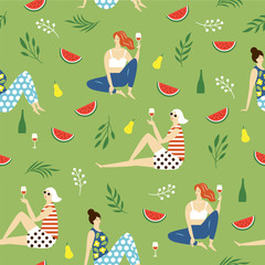  young women in park , picnic, recreation scene,seamless pattern