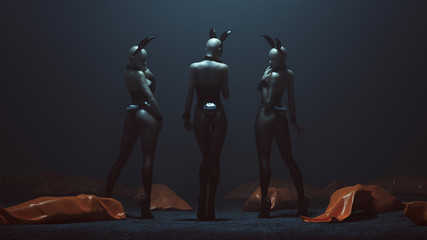 3 Demon Vampire Bunny Girls in Black Latex and Fishnets an Tights with Lots of Orange Body Bags Lying Around Them 3d illustration 3d render  - obrazy, fototapety, plakaty