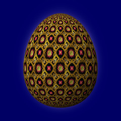 Happy Easter - Frohe Ostern, Artfully designed and colorful easter egg, 3D illustration on blue background 