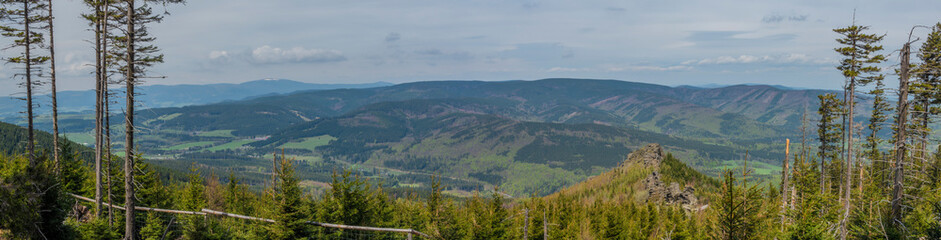 Naklejka premium View from hill near Giant rocks in Jeseniky mountains in spring day