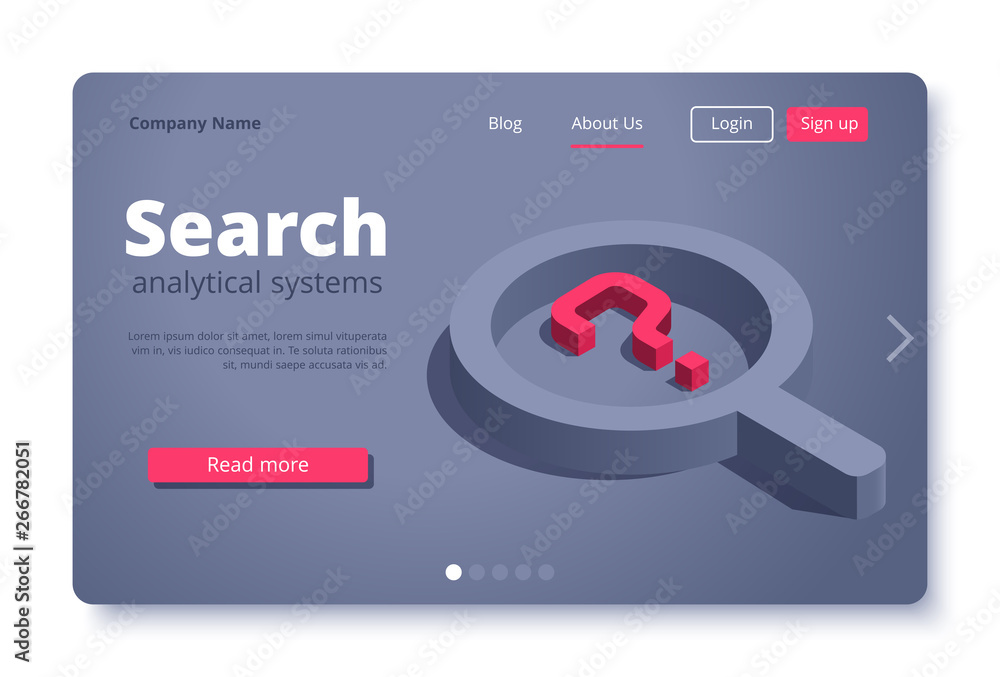 Poster isometric vector image on a white background, landing as a landing page for a web site, magnifying g