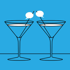 Two cocktail glasses with speech bubbles on toothpicks. Small talk concept illustration.
