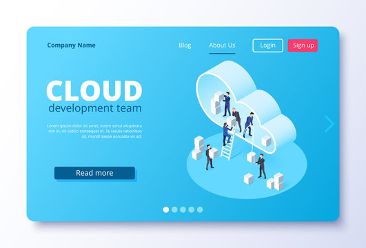 isometric vector image on a white background, landing as a landing page for a web site, people in business suits move blocks in the cloud
