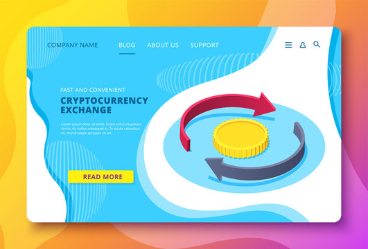 isometric vector image on a white background, blank as a landing page for a web site, a gold coin and two arrows around it, exchange of cryptocurrency