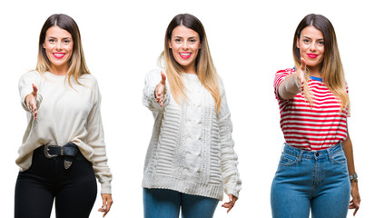 Obraz premium Collage of young beautiful woman over isolated background smiling friendly offering handshake as greeting and welcoming. Successful business.