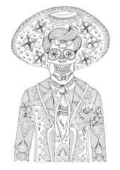 Vector hand drawn man with sugar skull calavera makeup with patterned sombrero on his head. Mexican holiday Day of the Dead. Halloween. Graphic design for design card, t-shirt Coloring page A4 size.