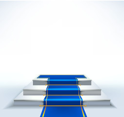 Realistic vector pedestal blue carpet with gold strip on three  square stage.