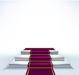 Realistic vector pedestal purple carpet with gold strip on three  square stage.