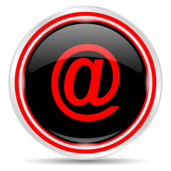 Obraz premium E mail icon. Round metal web button, black and red.