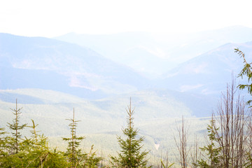 Mountain view from the top. A picnic and a hike to the mountains. Traveling in the mountains