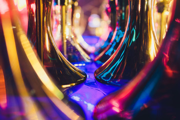empty glass hookahs under the light of neon against the background of the restaurant. beautiful...