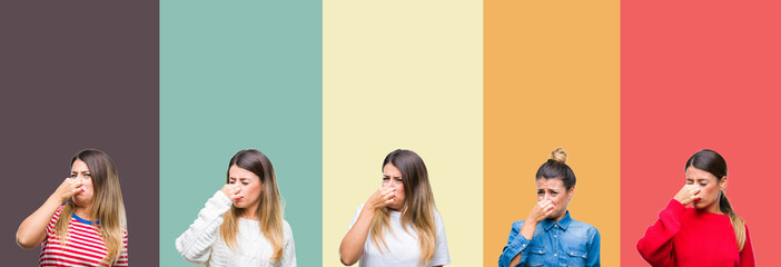 Obraz premium Collage of young beautiful woman over colorful vintage isolated background smelling something stinky and disgusting, intolerable smell, holding breath with fingers on nose. Bad smells concept.