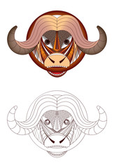 Large-horned animal. Buffalo. Geometric interpretation. Color illustration and its outline for coloring. Vector image