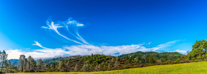 Obraz na płótnie Canvas Panorama of meadow and Mountains and Clouds