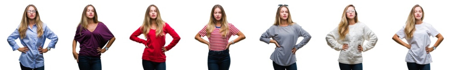 Collage of young beautiful blonde woman over isolated background winking looking at the camera with...