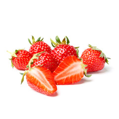 ripe strawberries with slices in a line with green leaves isolated on white background with clipping path. One of the best isolated strawberries you have seen.