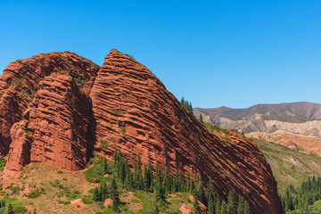 Mountain gorge Jety Oguz. Red rocks from Sandstone.  Rest in Kyrgyzstan. Nature in the area of lake...