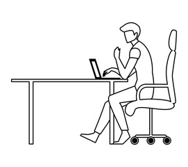 elegant businessman seated in office chair using laptop