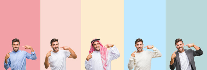 Collage of handsome young man over colorful stripes isolated background smiling confident showing and pointing with fingers teeth and mouth. Health concept.