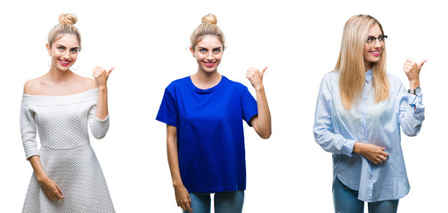 Obraz premium Collage of young beautiful blonde woman over isolated background smiling with happy face looking and pointing to the side with thumb up.