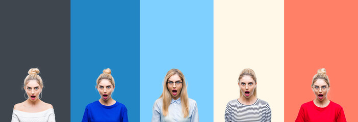 Collage of young beautiful blonde woman over vivid colorful vintage stripes isolated background afraid and shocked with surprise expression, fear and excited face.