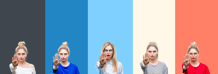 Collage of young beautiful blonde woman over vivid colorful vintage stripes isolated background doing stop sing with palm of the hand. Warning expression with negative and serious gesture on the face.