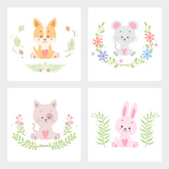 cute animal flower card vector illustration isolated