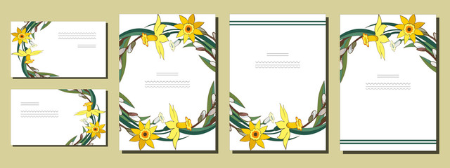 Set of floral spring templates with bunches of yellow daffodils and willow. Cards with narcissus and salix. For romantic design, announcements, greeting wedding cards, posters, advertisement.