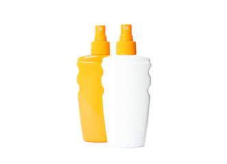 Sunscreen sprays isolated on white background. Summer vacation accessories