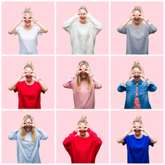 Collage of young beautiful blonde woman over pink isolated background doing ok gesture like binoculars sticking tongue out, eyes looking through fingers. Crazy expression.