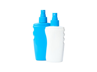 Sunscreen sprays isolated on white background. Summer vacation accessories