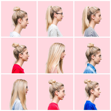 Collage of young beautiful blonde woman over pink isolated background looking to side, relax profile pose with natural face with confident smile.