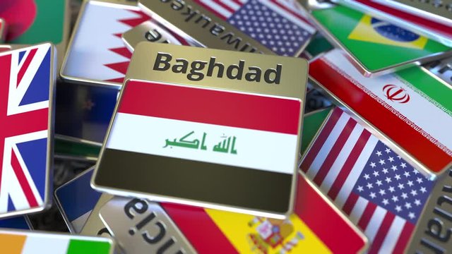 Souvenir magnet or badge with Baghdad text and national flag among different ones. Traveling to Iraq conceptual intro animation