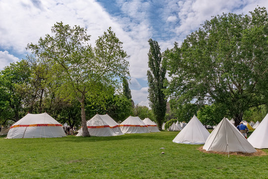 Smederevo, Serbia - May 02, 2019: Medieval warriors Camp in Smederevo Fortress. Outdoor scene of medieval way of life. Reconstruction of medieval life.