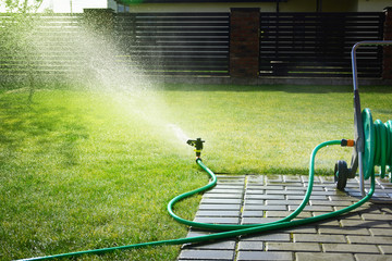 Lawn sprinkler watering green grass