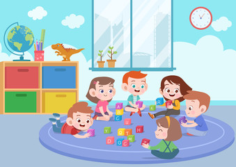 kids children playing with blocks toys illustration