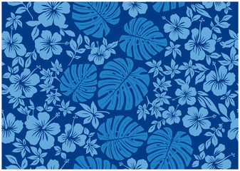 モンステラ柄とハイビスカス柄の背景イラスト　青　｜テキスタイル　総柄・シームレス｜Hibiscus and Monstera pattern background © globeds