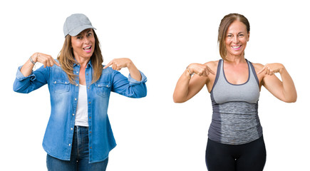 Collage of beautiful middle age woman wearing sport outfit over isolated background looking confident with smile on face, pointing oneself with fingers proud and happy.