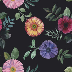 Seamless watercolor flowers pattern. Hand painted flowers of different colors. Flowers for design. Ornament flowers. Seamless floral pattern.