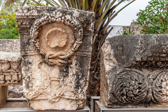 details of the decor of the ancient synagogue ruins in the city of Capernaum, the birthplace of St. Peter.