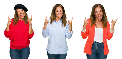 Collage of beautiful middle age woman over white isolated background shouting with crazy expression doing rock symbol with hands up. Music star. Heavy concept.