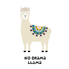 Cute llama card with No drama motivational quote. Cartoon alpaca. Vector illustration with llama for poster, card, textile, invitation etc.