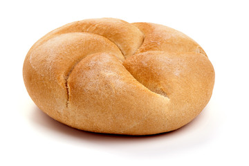Freshly baked Kaiser rolls, fresh patty, close-up, isolated on white background