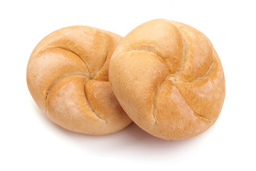 Freshly baked Kaiser rolls, fresh patty, close-up, isolated on white background