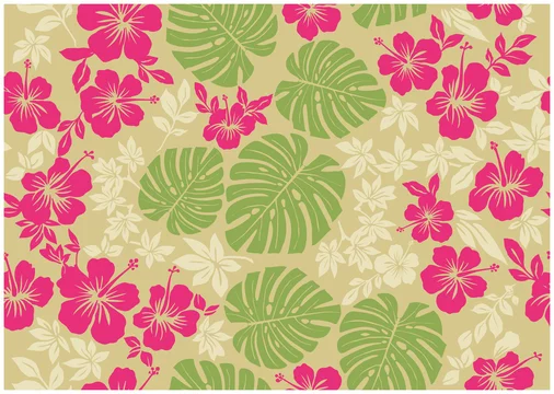 モンステラ柄とハイビスカス柄の背景イラスト アースカラー テキスタイル 総柄 シームレス Hibiscus And Monstera Pattern Background Stock Vector Adobe Stock