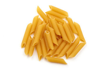 Penne pasta, close-up, isolated on white background
