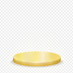 Golden round pedestal sanctified with light. Empty white podium illuminated mockup isolated on transparent background. Champion, first place, award, win, winner, award stair concept design. Vector